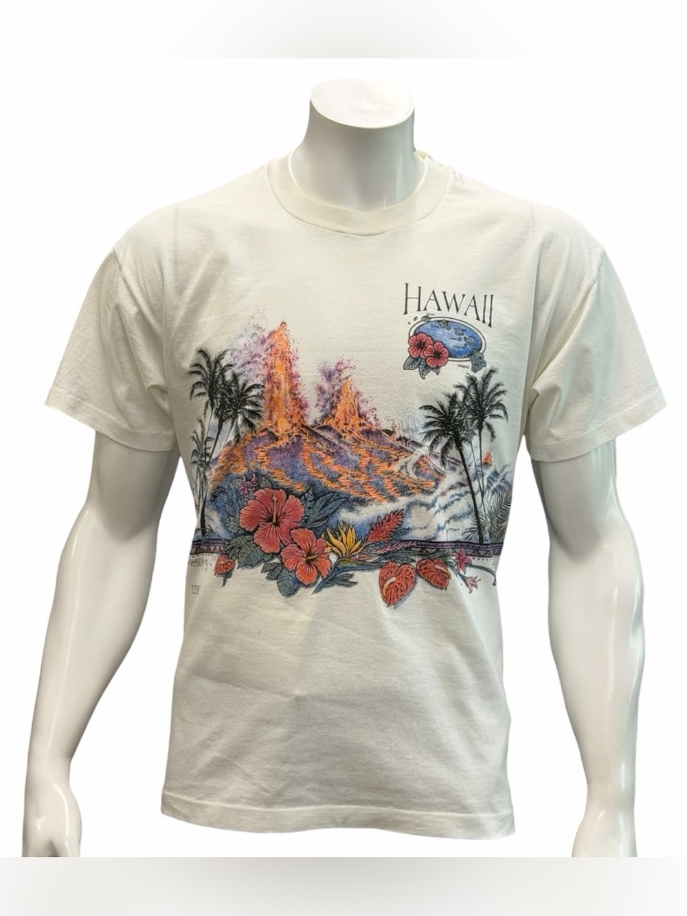 Vintage 90's Hawaii Islands Floral Volcano Graphic T-Shirt Made in USA Size LG